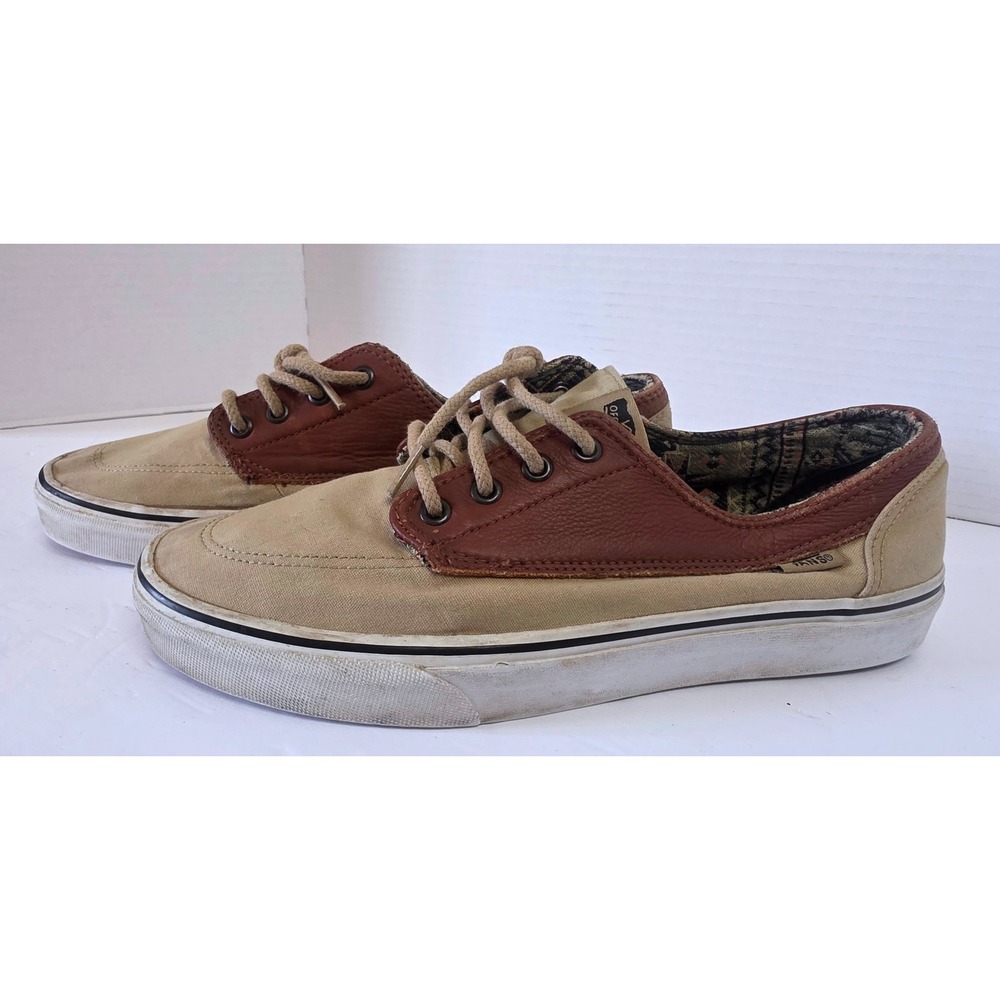 Vans Off The Wall Tan Canvas Brown Leather Low Top Skate Shoes Mens SZ 10